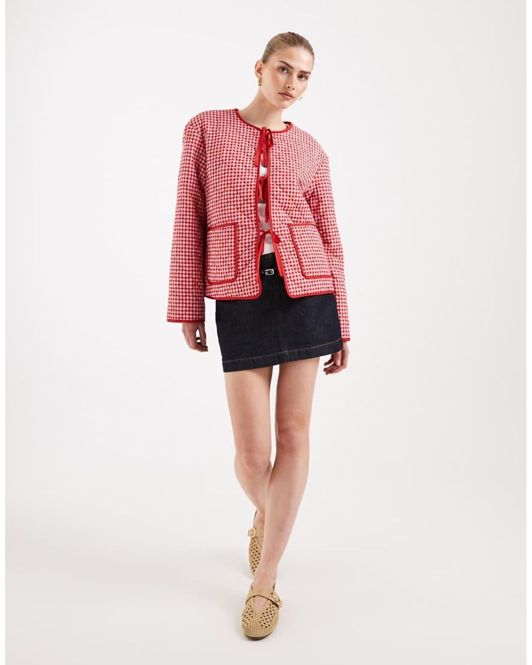 Pieces Red Tie Front Quilted Jacket