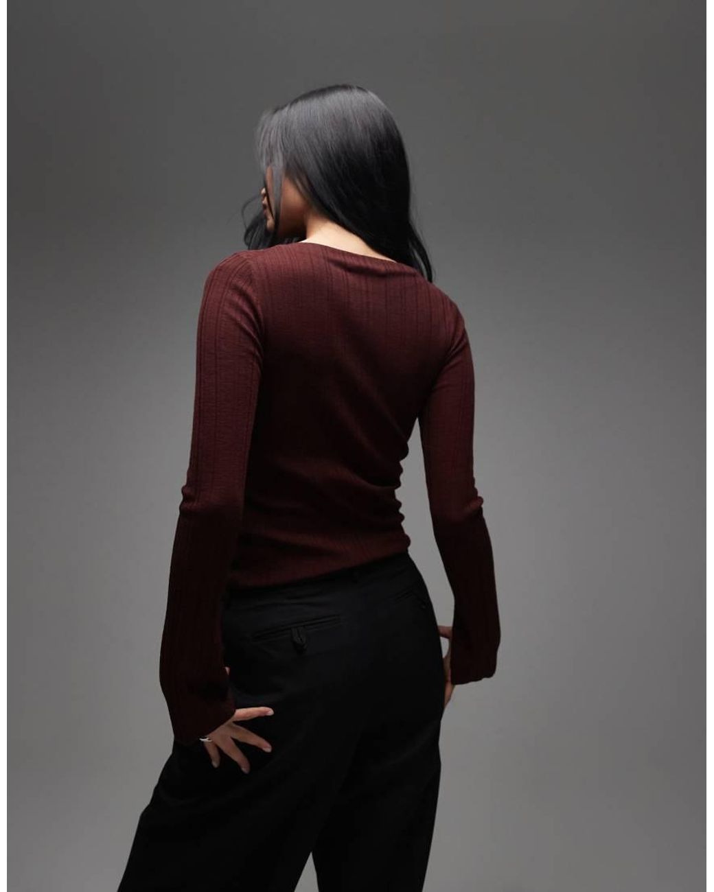 & Other Stories Black Pure Merino Wool Ribbed Knitted Top With Flare Sleeves