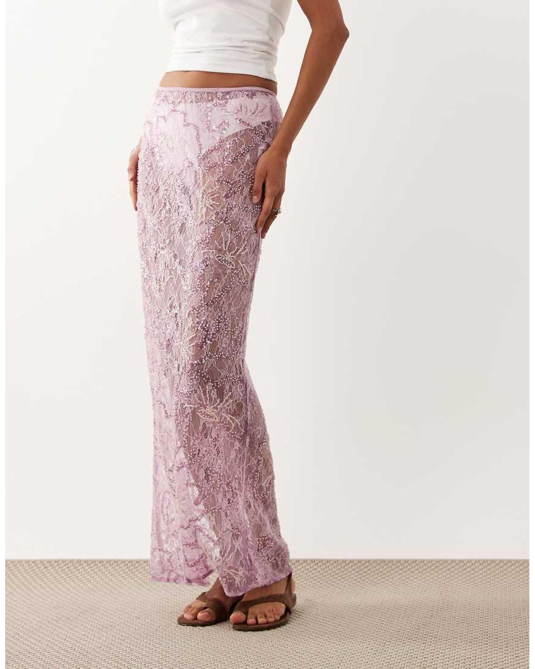 ASOS Pink Delicate Lace Sheer Sequin Maxi Skirt