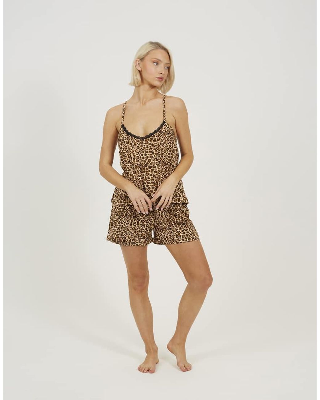 Brave Soul Natural Cross Over Strappy Leopard Print Pyjama Set