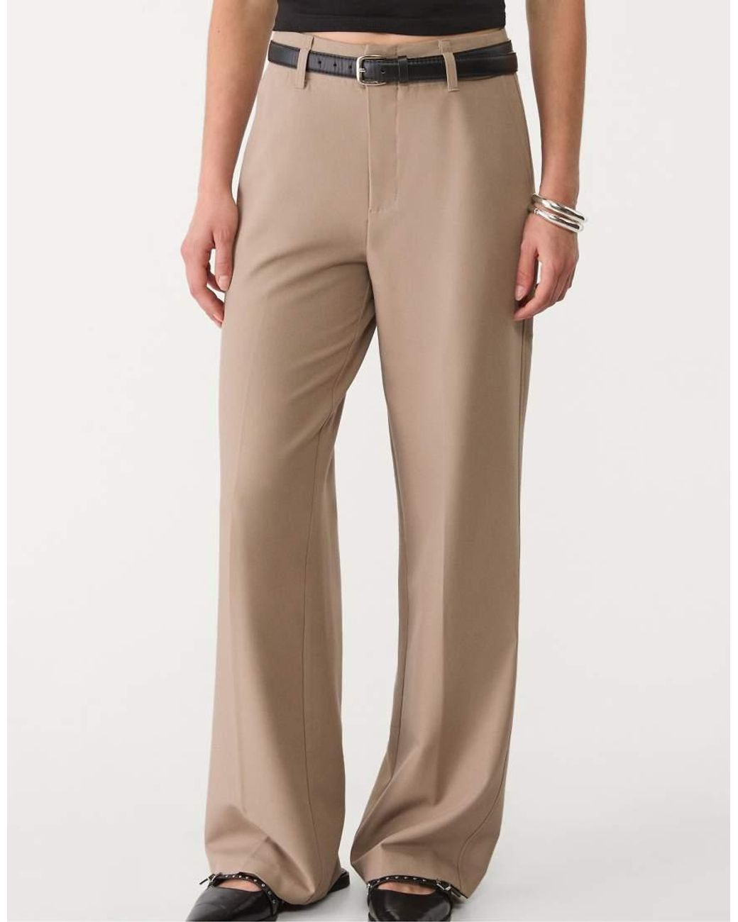 Stradivarius Natural Flowing Straight-Leg Smart Trousers With Belt