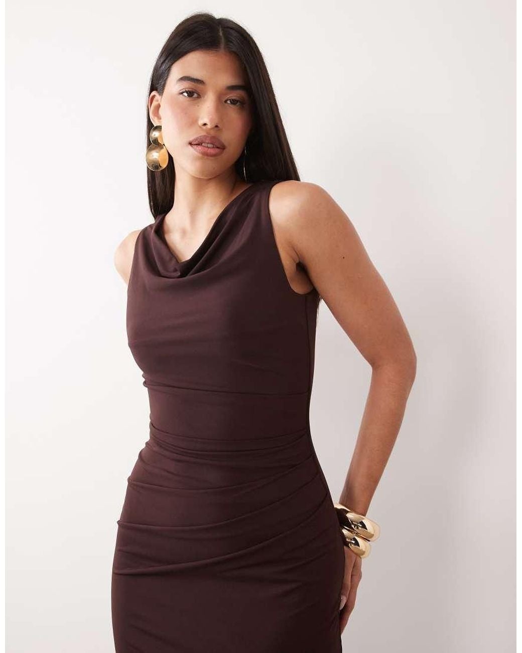 TFNC London Brown Slinky Cowl Neck Thigh Split Maxi Dress