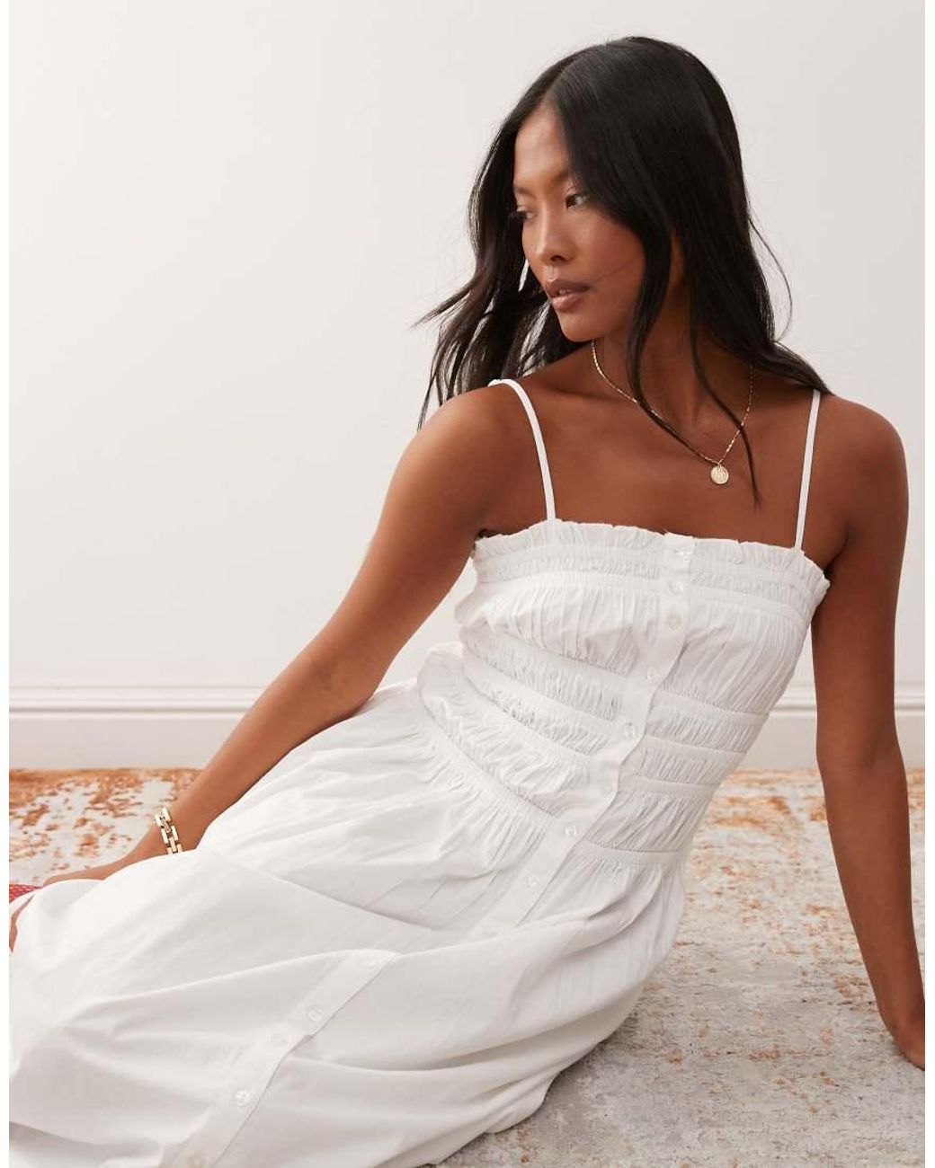 Miss Selfridge White Poplin Shirred Body Button Through Maxi Dress