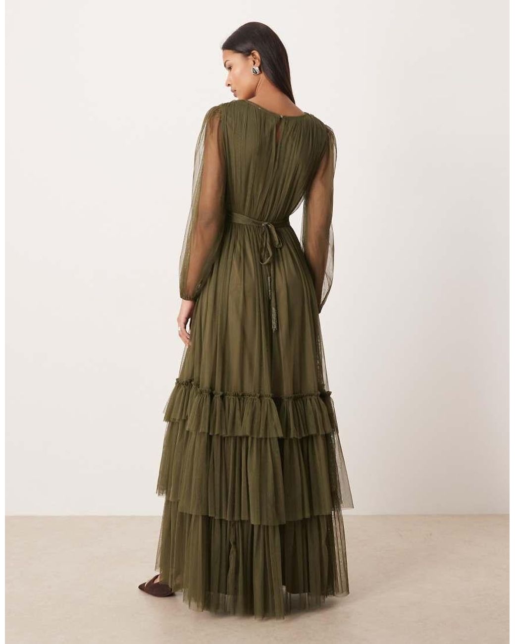 LACE & BEADS Green Crew Neck Sheer Sleeve Tiered Maxi Dress