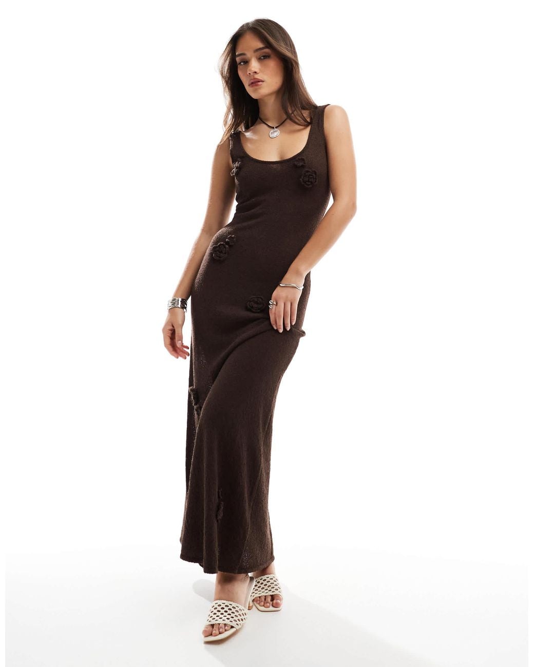 4th & Reckless Knitted Crochet Flower Detail Maxi Dress in Brown | Lyst