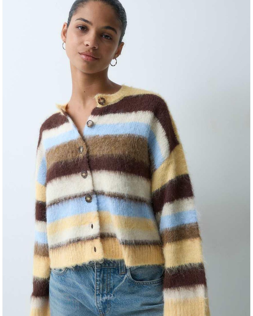 Miss Selfridge Metallic Stripe Brushed Crew Neck Cardigan