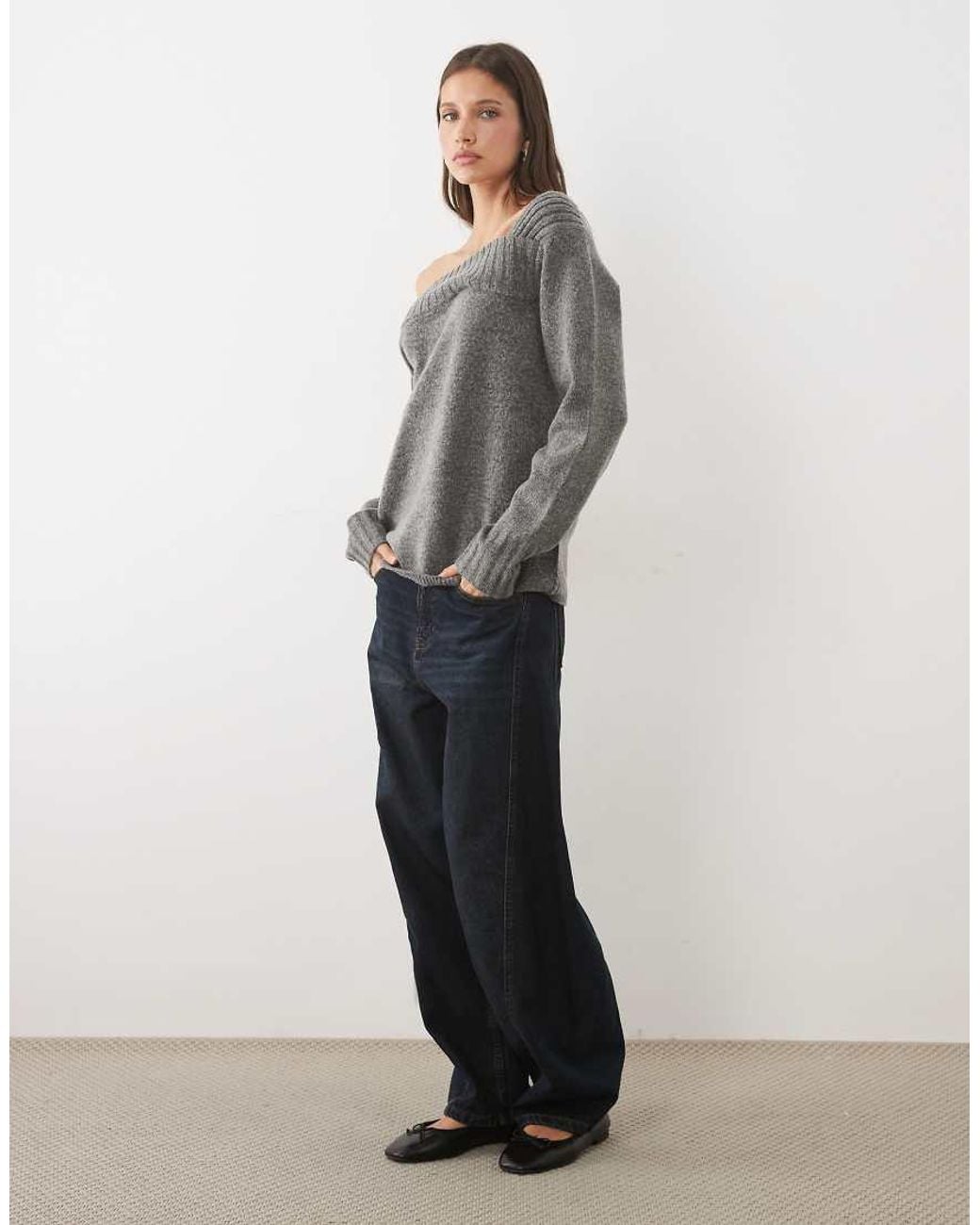 Threadbare Gray Slash Neck Knitted Off Shoulder Jumper