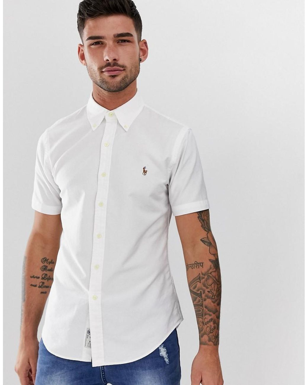 polo ralph lauren slim fit pique shirt player logo button down in white