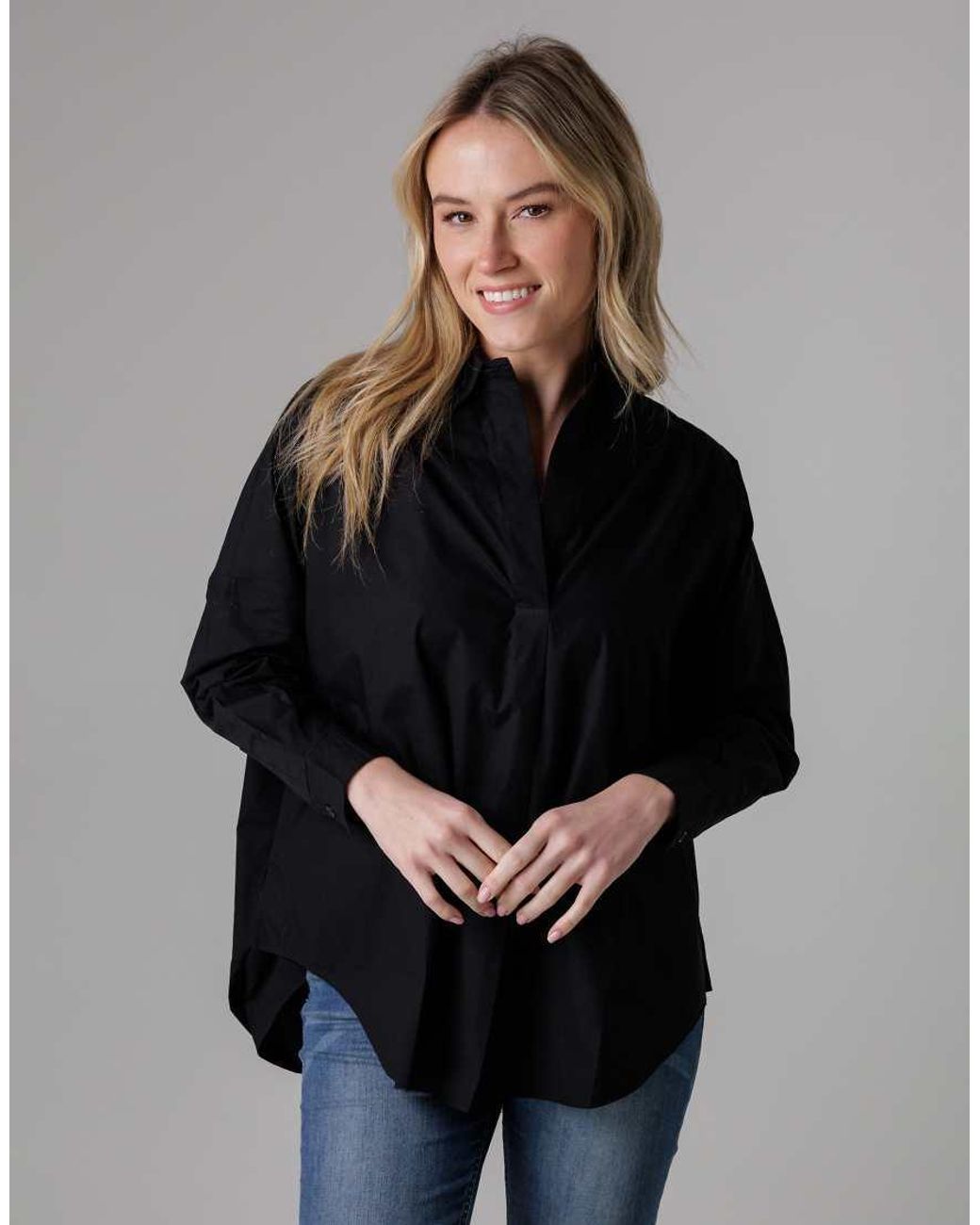 French Connection Black Cotton Long Sleeve Poplin Popover High-Low Hem Shirt