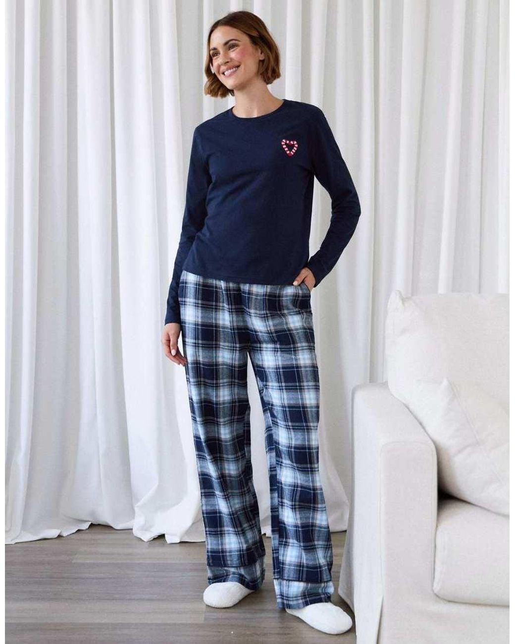 Threadbare Blue Petite Cotton Embroidered Candy Cane Christmas Pyjama Set