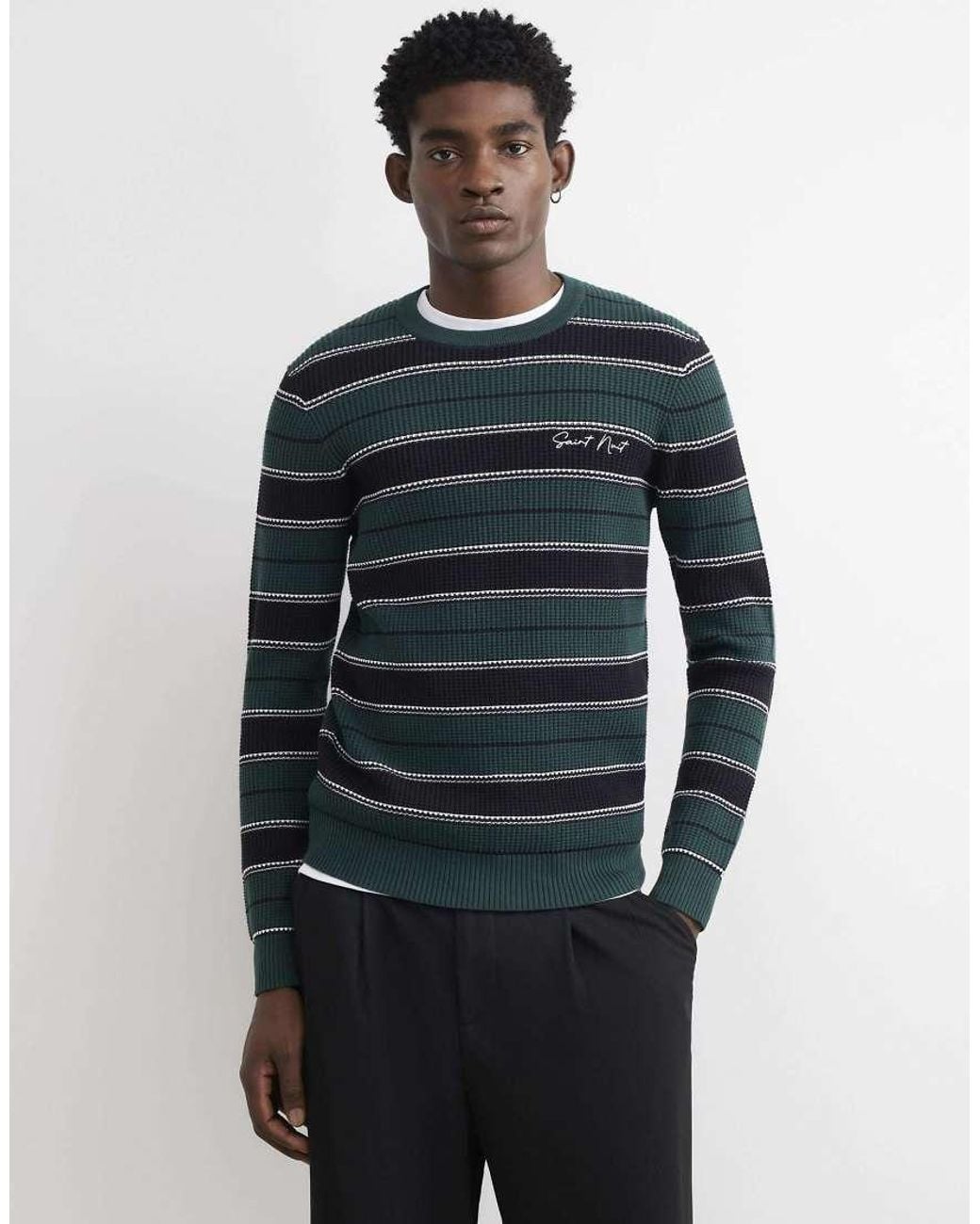 River Island Gray Slim Fit Stripe Knit Long Sleeve Jumper for men