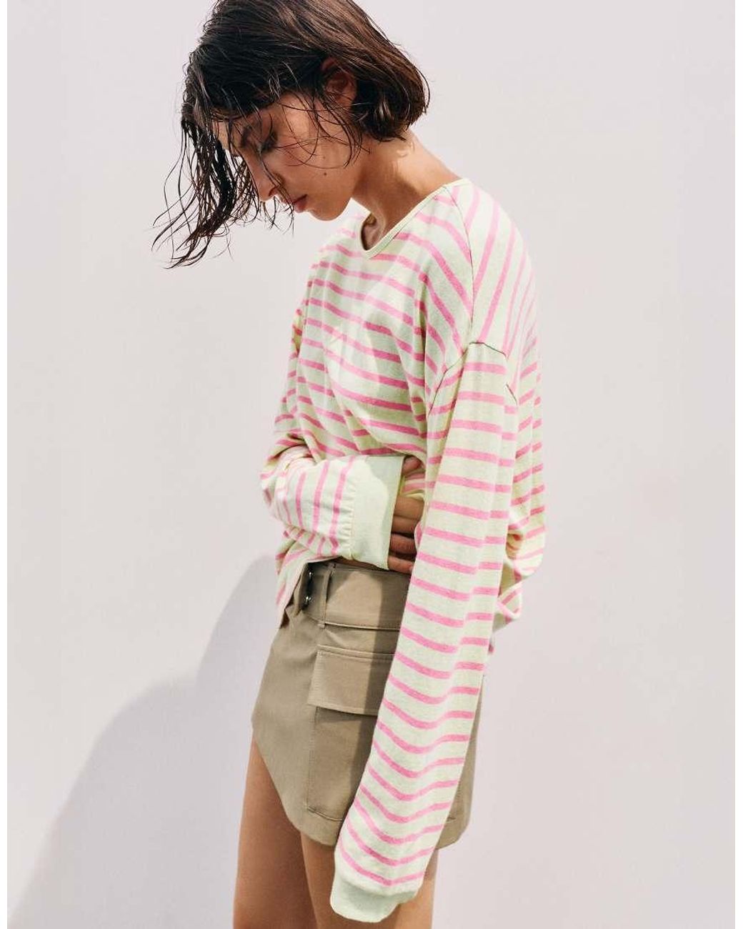 Pull&Bear Natural Oversize Long Sleeve Striped T-Shirt