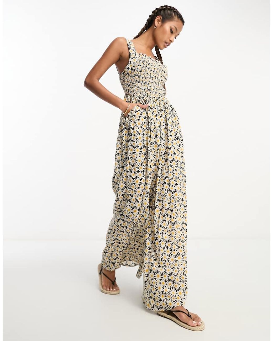 ASOS Natural Shirred Pinafore Jumpsuit