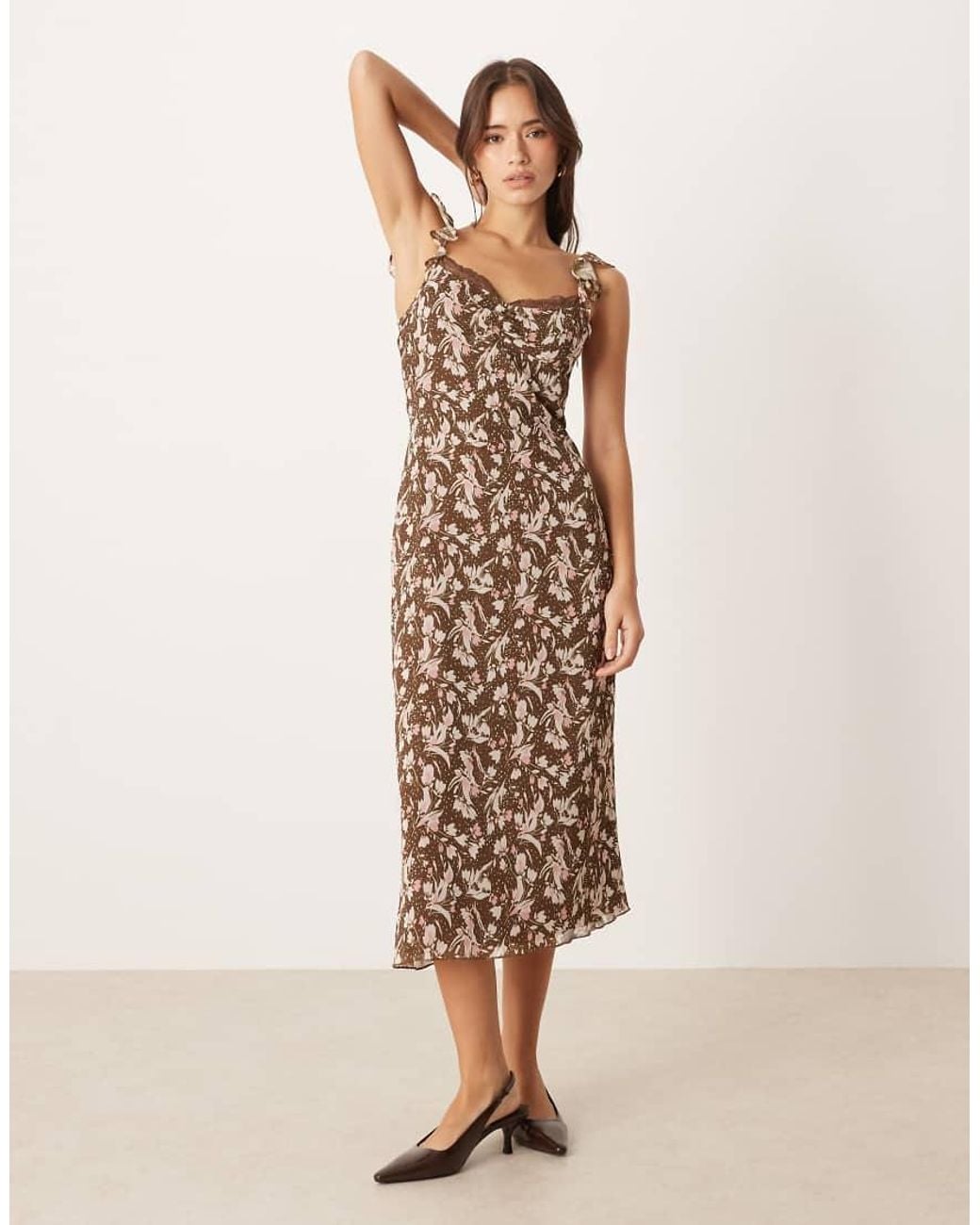 Motel Natural Daita Midi Dress With Lace Trim And Ruffle Sleeves
