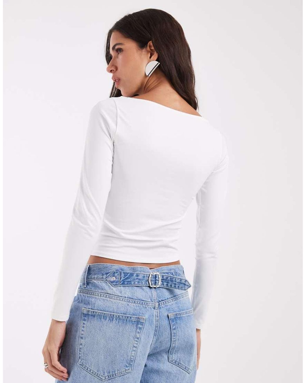 Hollister White Seamless Long Sleeve Slash Neck Top