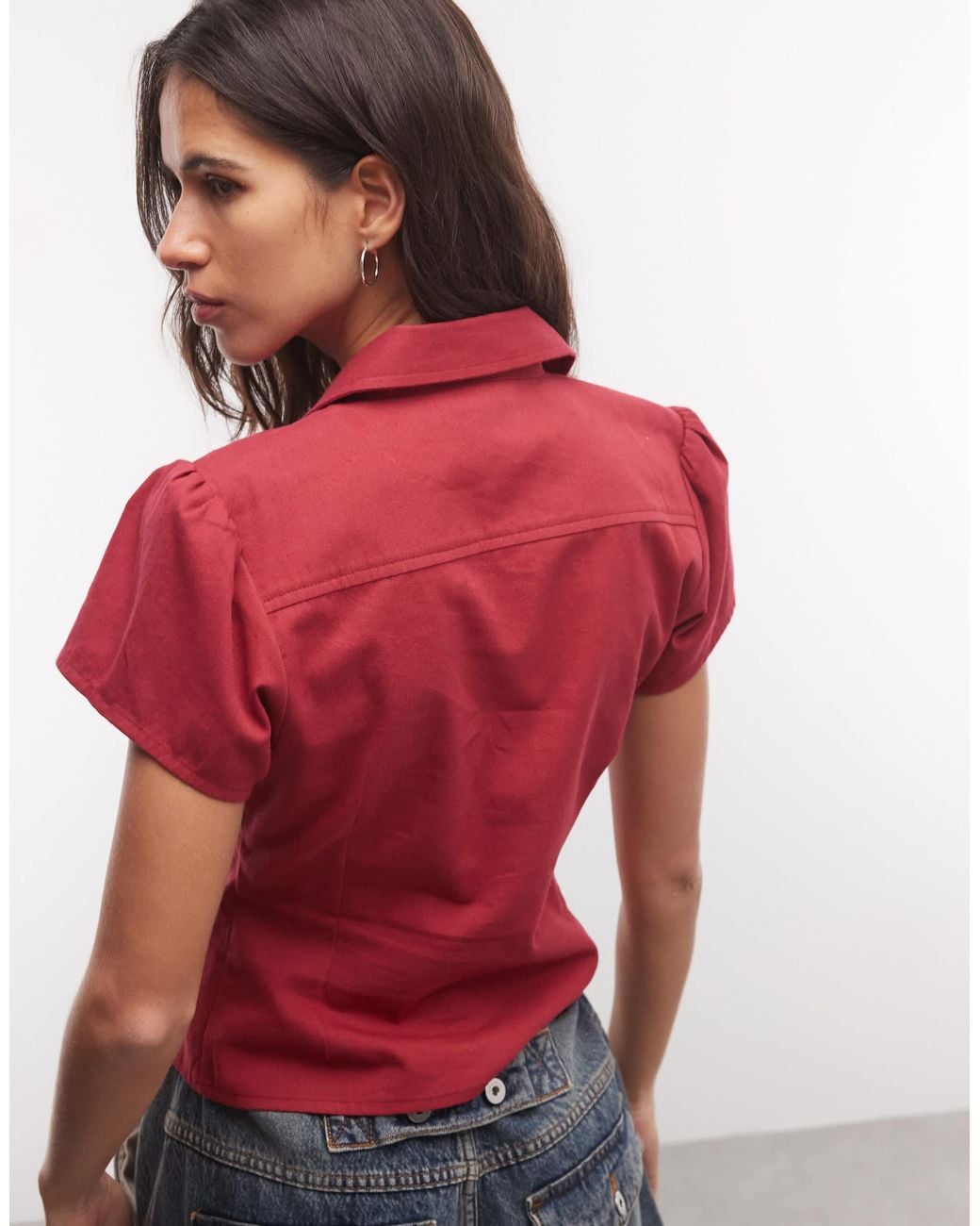 Collusion Heavy Twill Fitted Cap Sleeve Shirt in Red | Lyst