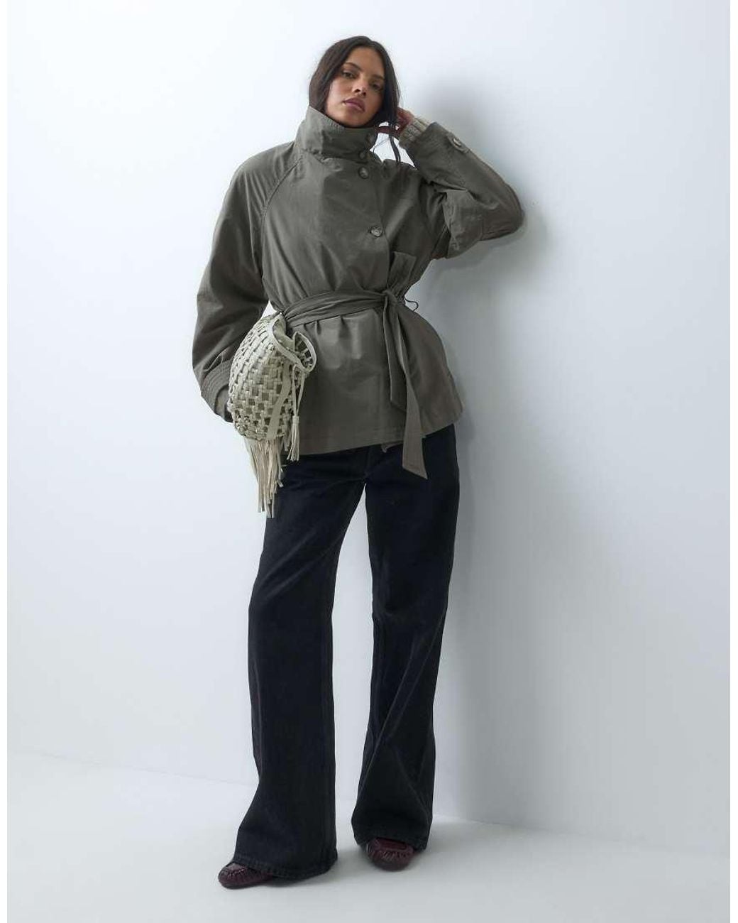 ASOS Gray Funnel Neck Tie Belt Trench Coat