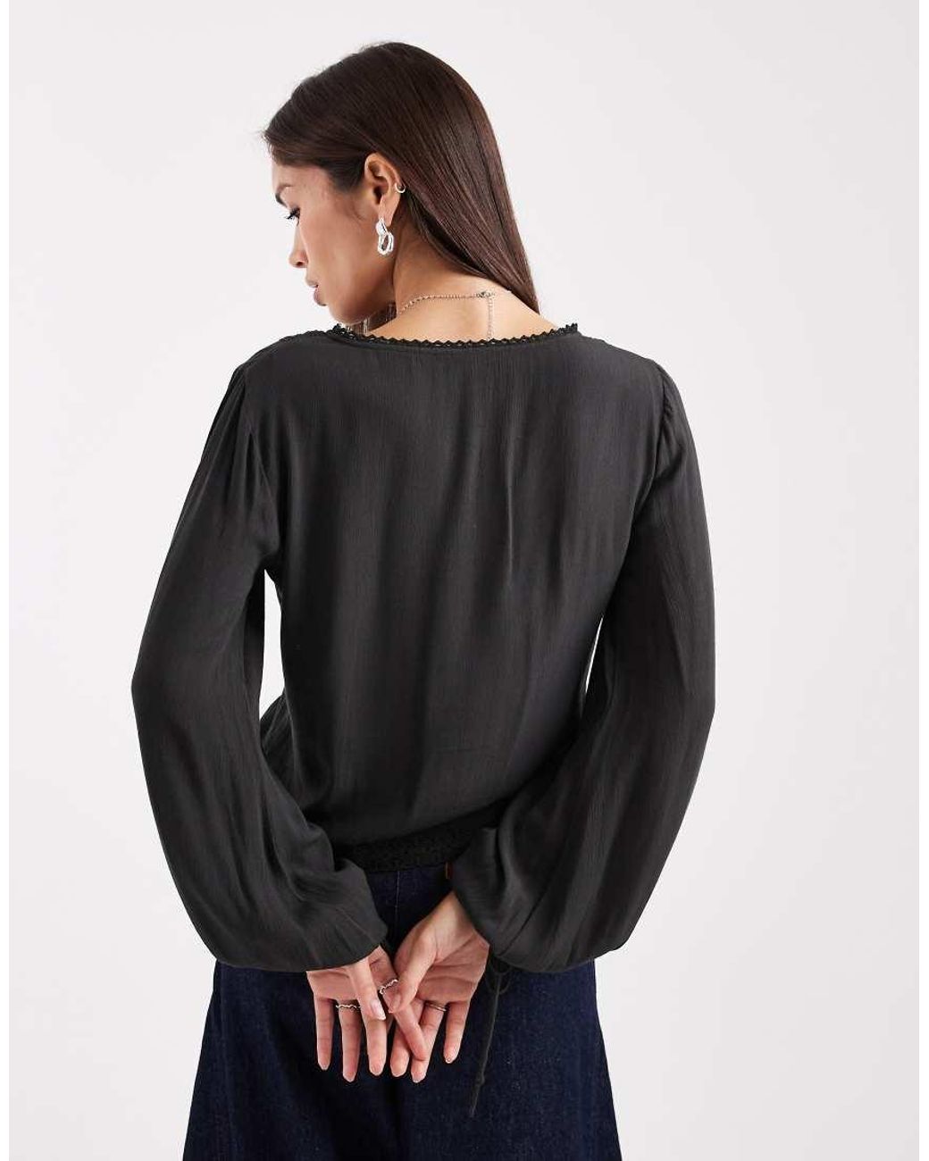 ASOS Black Textured Long Sleeve Lace Insert Blouse