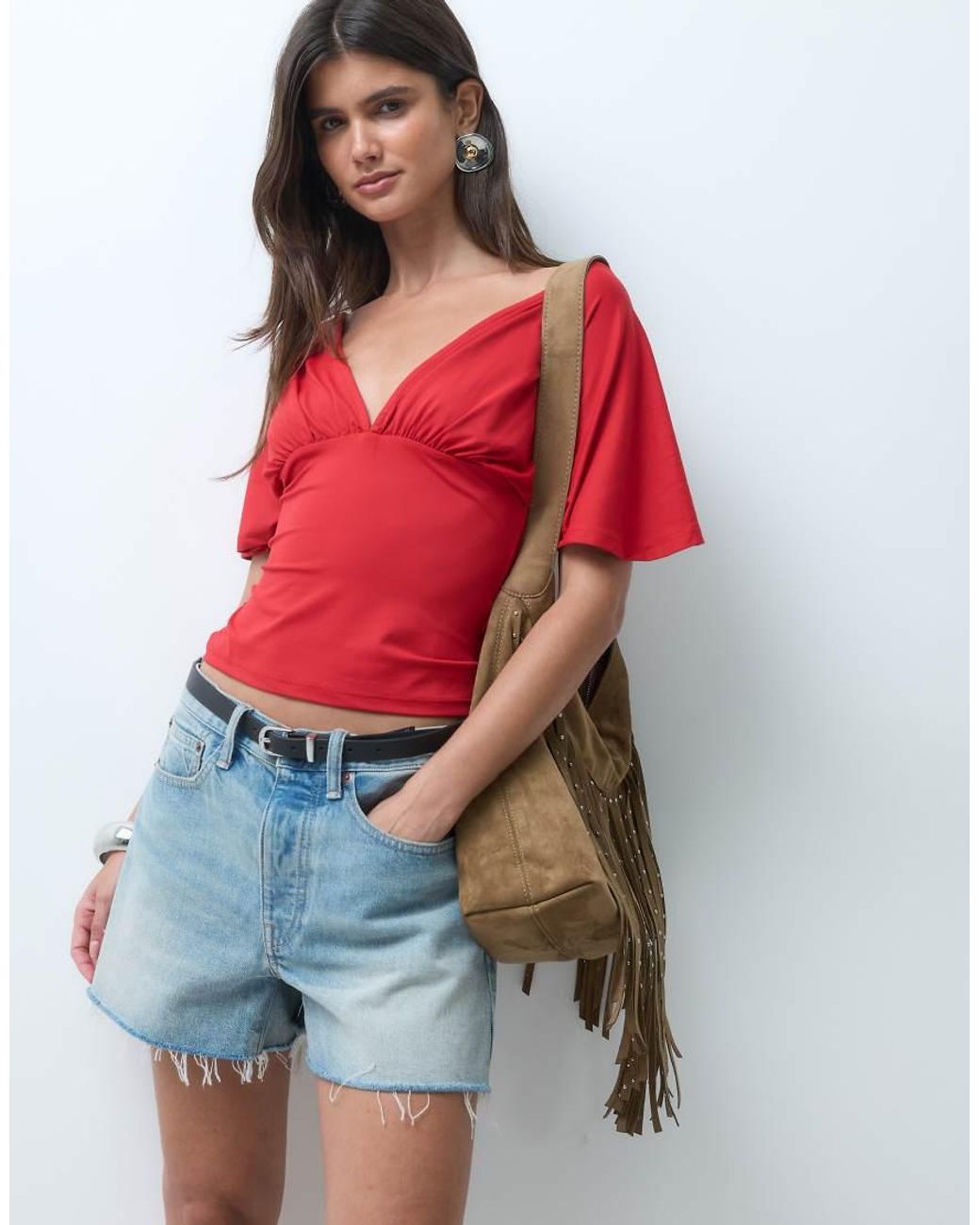 ASOS Red Polyamide Plunge Sleeveless Tie Back Cinch Top