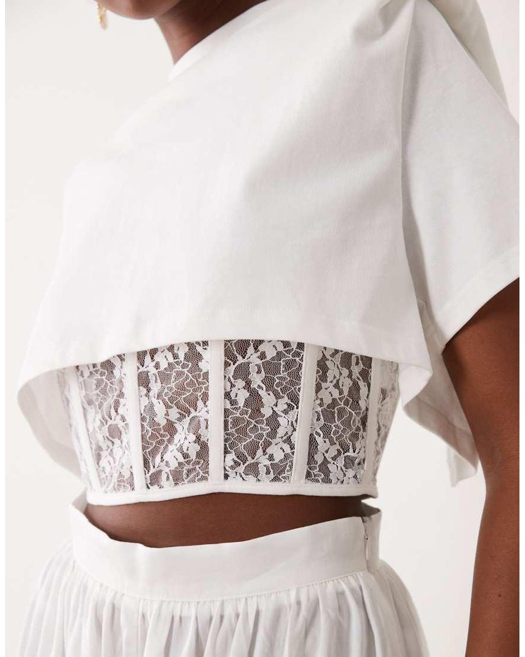 Noughts & Kisses White Padded Shoulder Lace Corset Waist Detail Top Co-Ord