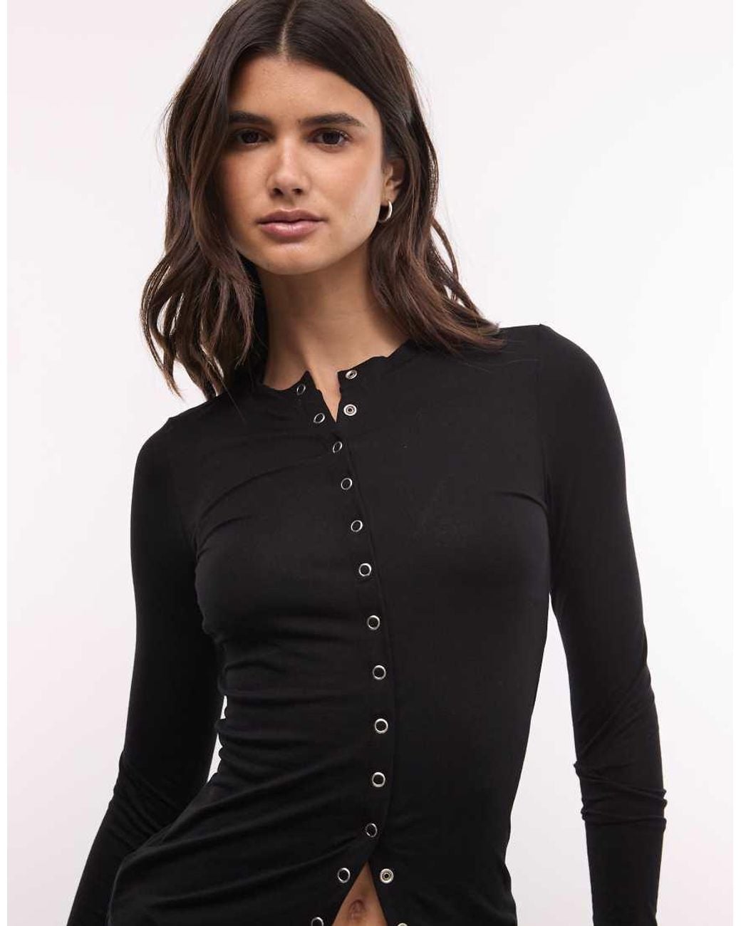 Weekday Black Slim Fit Button Front Long Sleeve Top