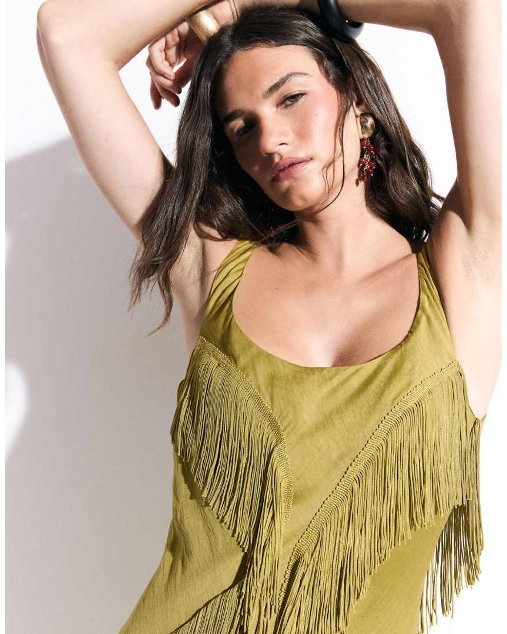 ASOS Metallic Scoop Neck Maxi Dress With Asymmetric Fringe