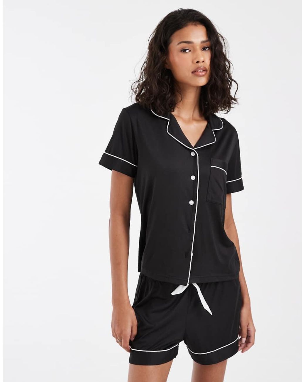 JJXX Black Revere Top And Short Pyjama Set With Piping Detail