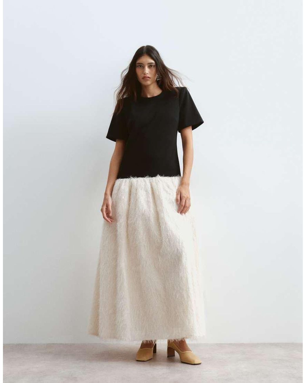 ARRANGE White Drop Waist T-Shirt Maxi Dress With Fringe Skirt