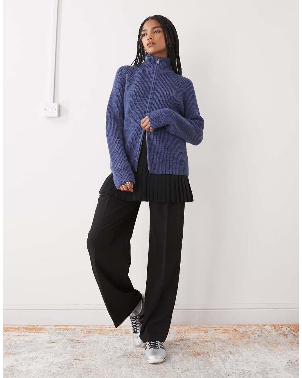 Monki Blue Ribbed Knitted Two Way Zip Cardigan