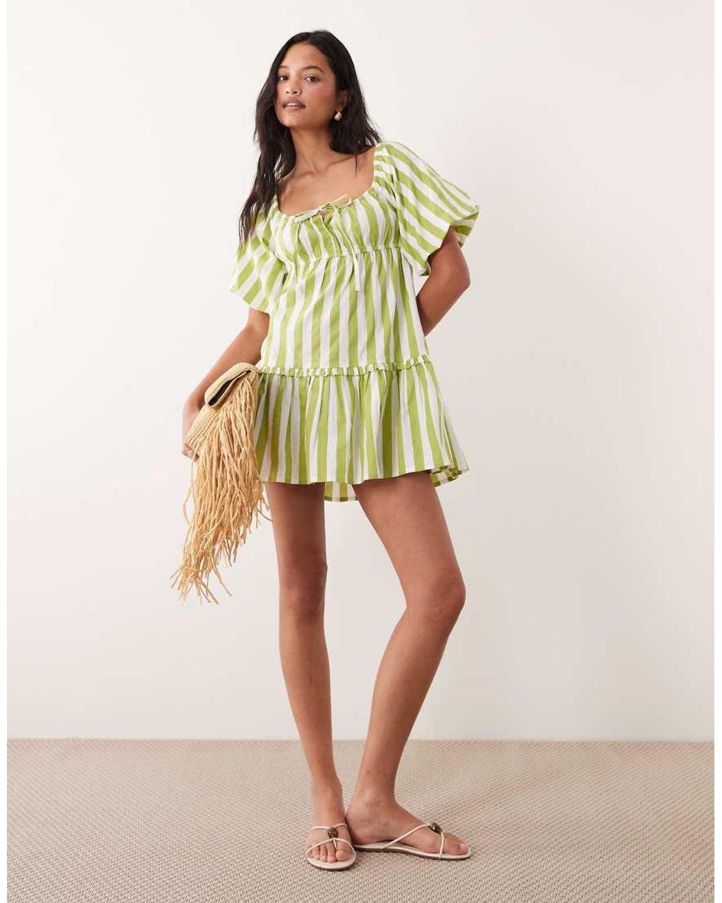 Wednesday's Girl Green Striped Mini Smock Dress