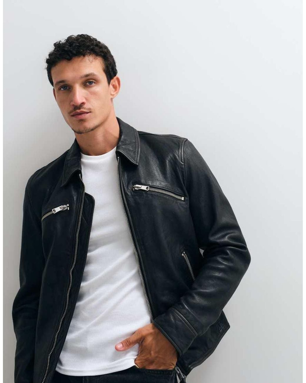 AllSaints Blue Verdi Zip Through Lambs Leather Jacket for men