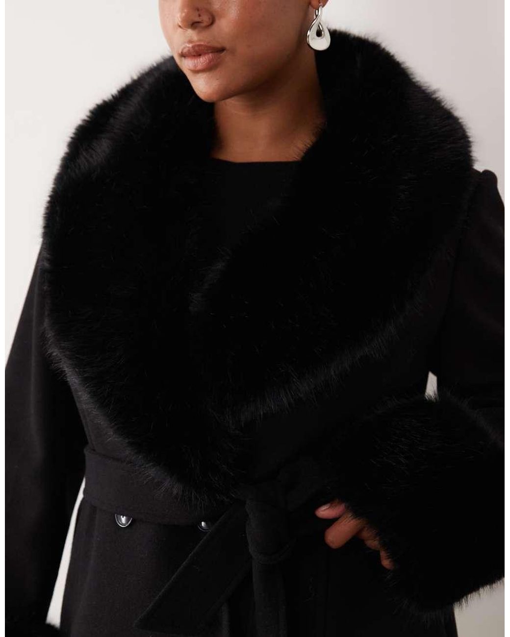 Forever New Black Faux Fur Trim Belted Short Coat