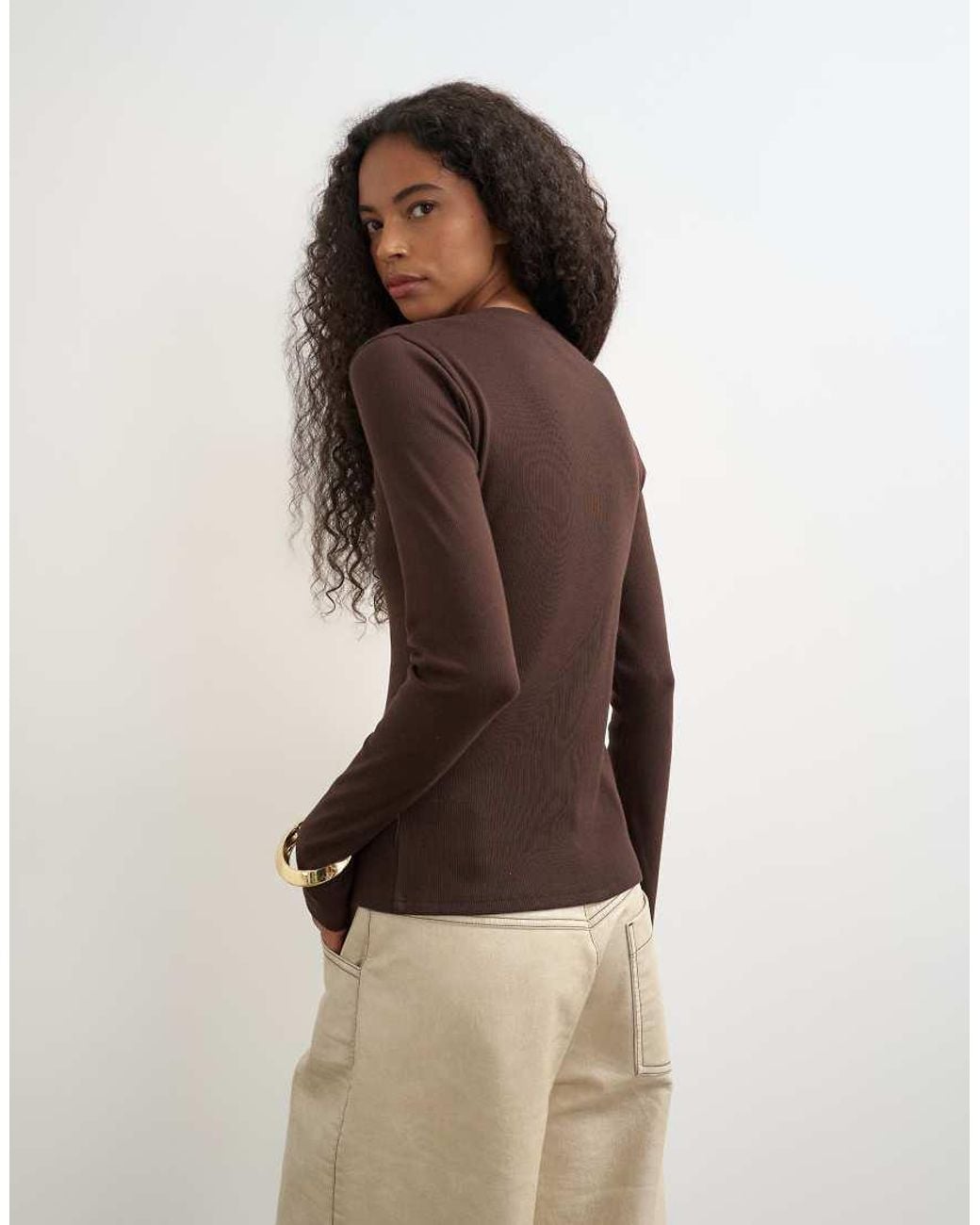 TOPSHOP Brown Button Through Long Sleeve Top