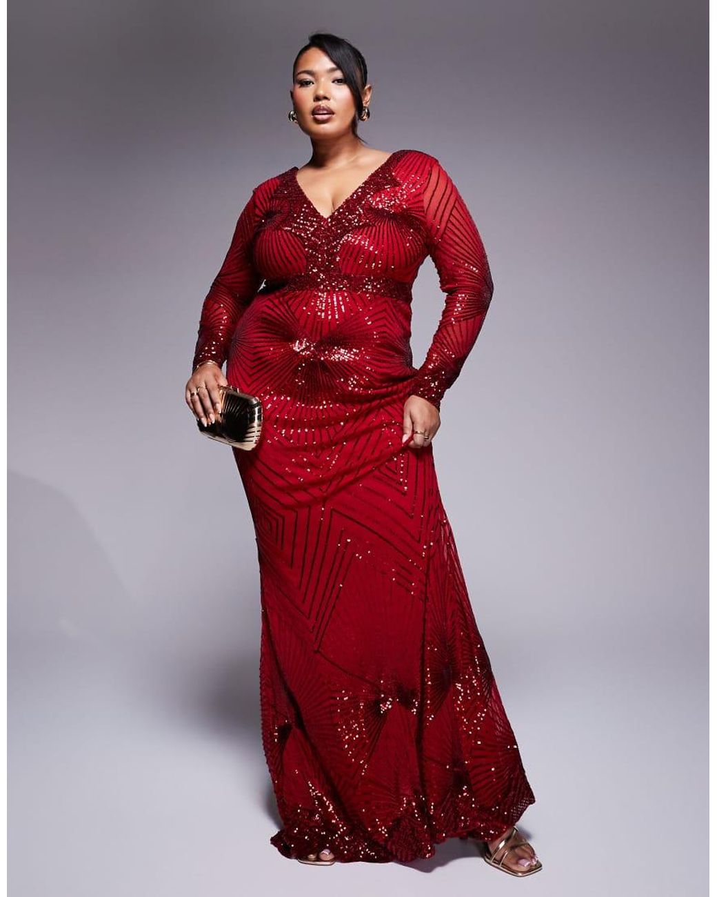 Goddiva Red Curve Starburst Sequin Maxi Dress