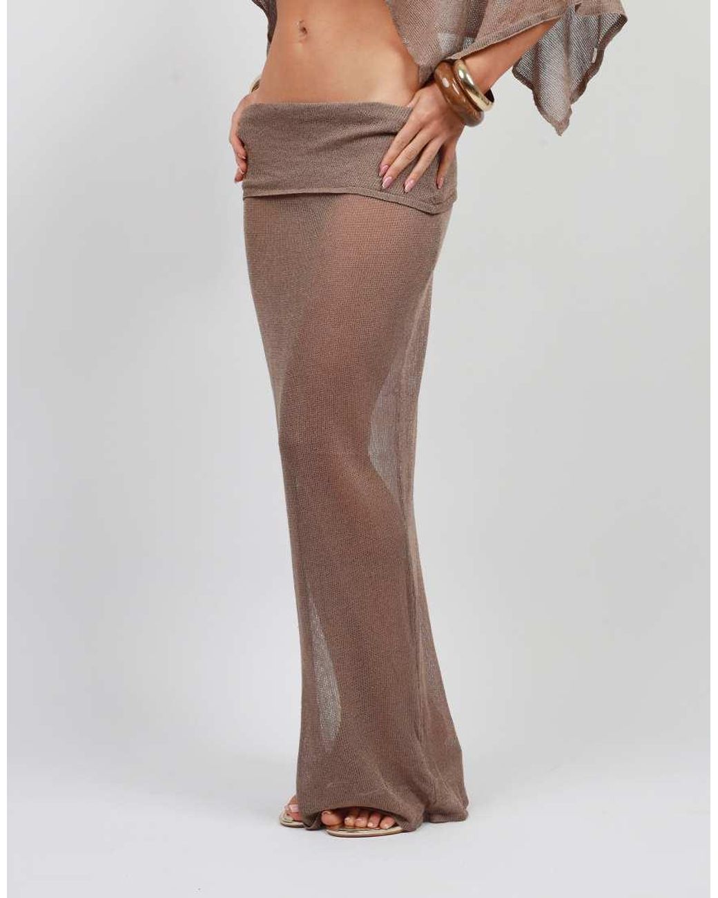 SIMMI Brown Foldover Sheer Knit Maxi Skirt