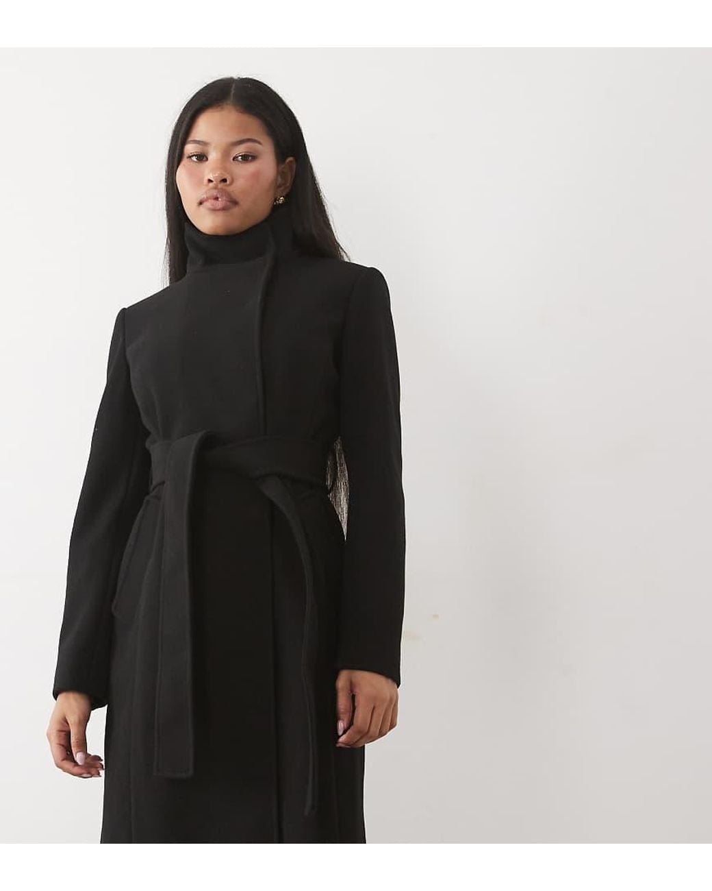 Forever New Black High Neck Belt Detail Long Line Coat