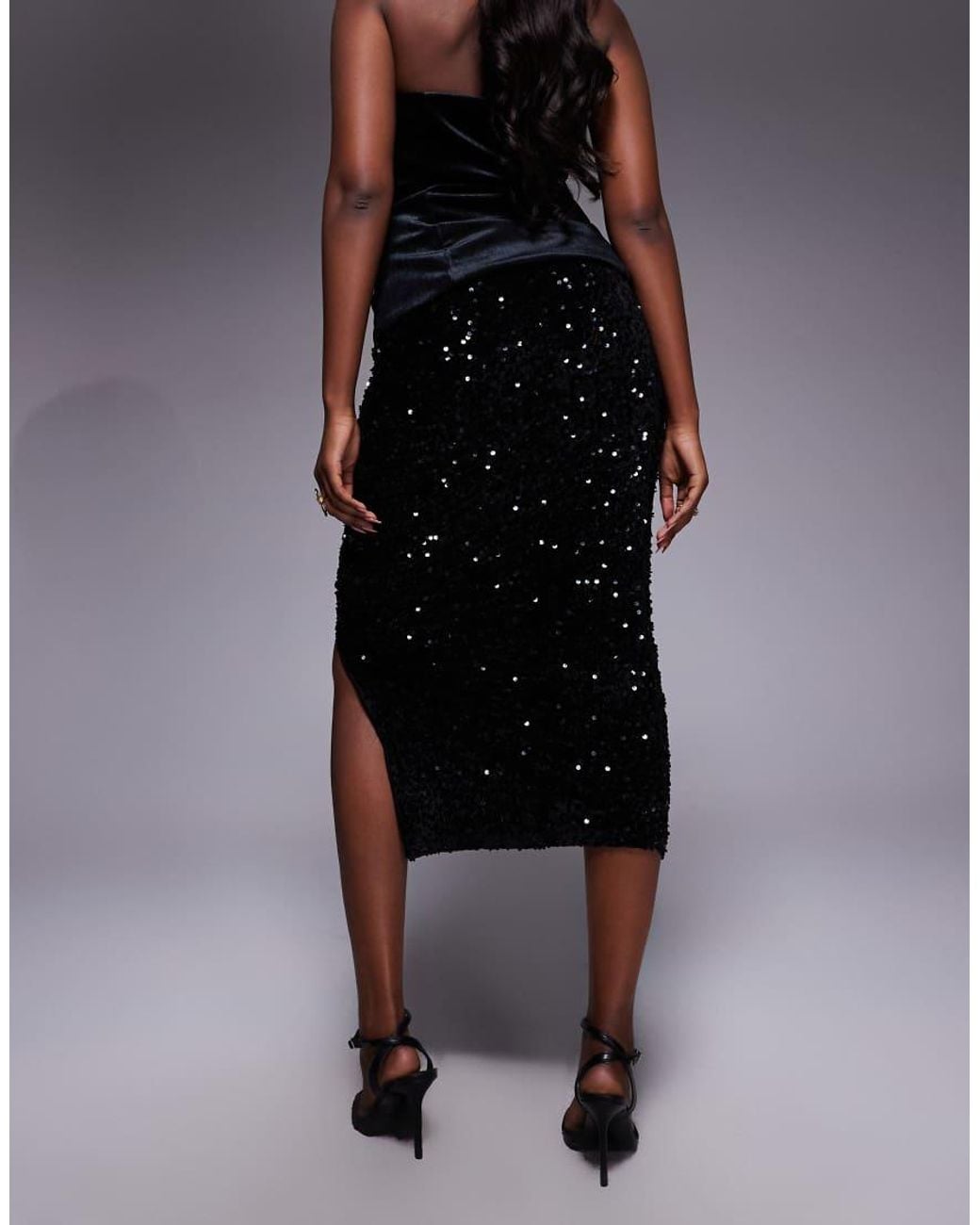 River Island Blue Ruched Side Velvet Sequin Midi Skirt