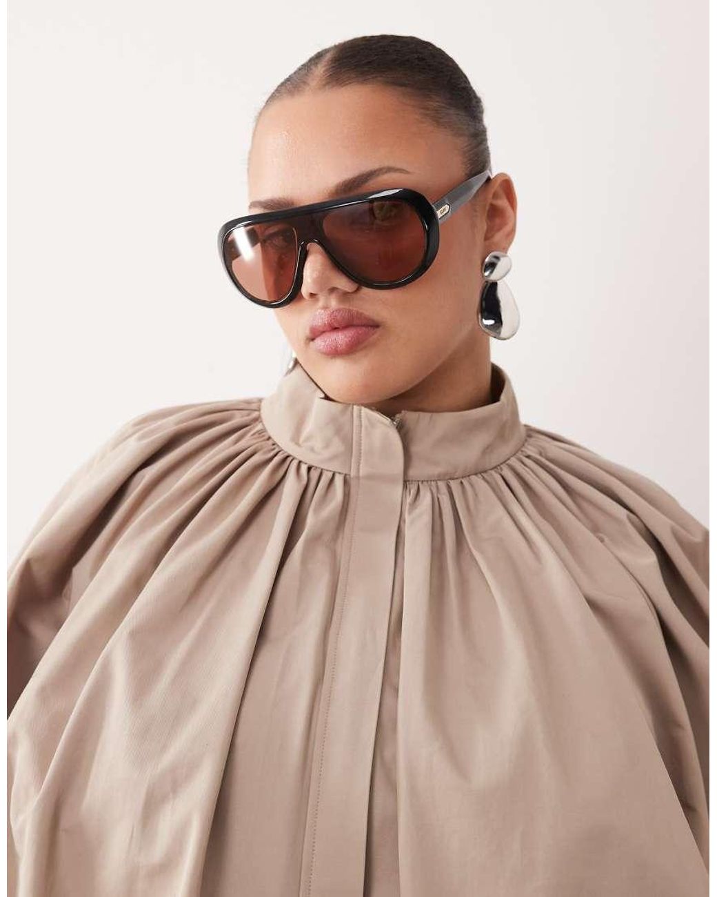 ARRANGE Brown Curve Oversized Bomber Jacket With Balloon Sleeve