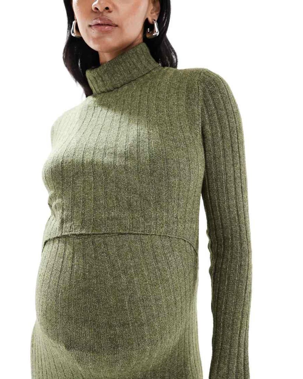 Mama.licious Green Mamalicious Maternity Soft Knitted Rib Midi Dress With Nursing Function