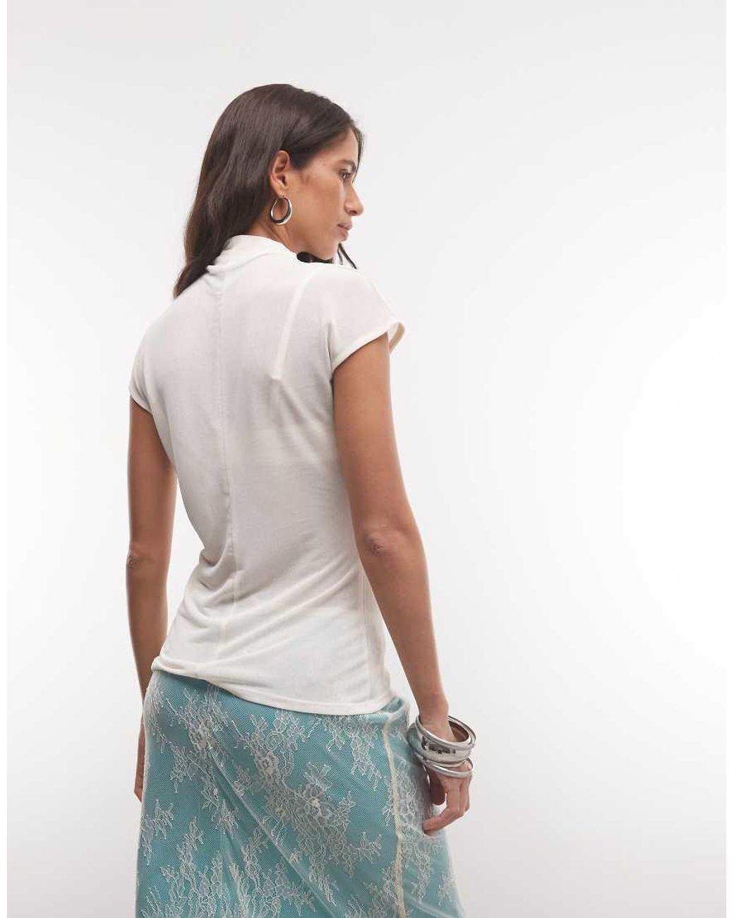 ASOS White Sheer High Neck Short Sleeve Top With Seam Detail
