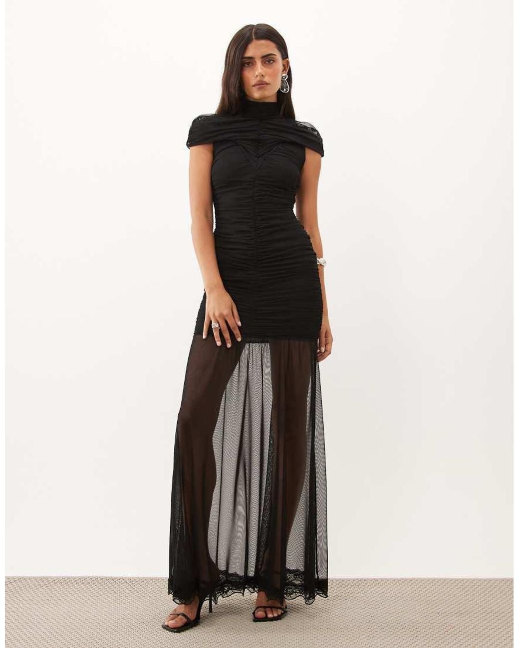 TFNC London Black Mesh High Neck Maxi Dress With Ruched Detail