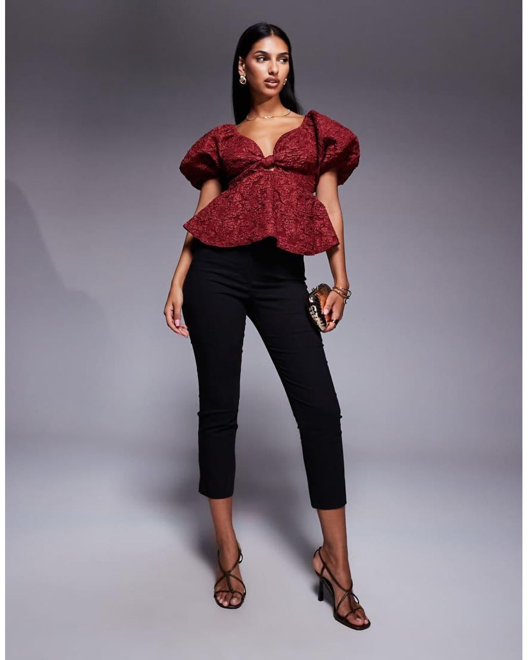 New Look Red Jacquard Puff Sleeve Top