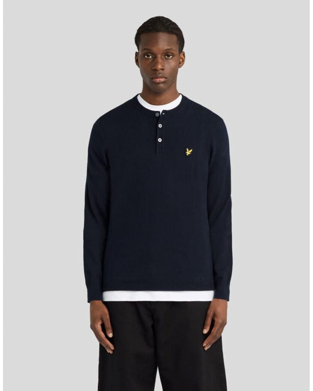 Lyle & Scott Blue Mid Knits Cotton Merino Henley Jumper for men