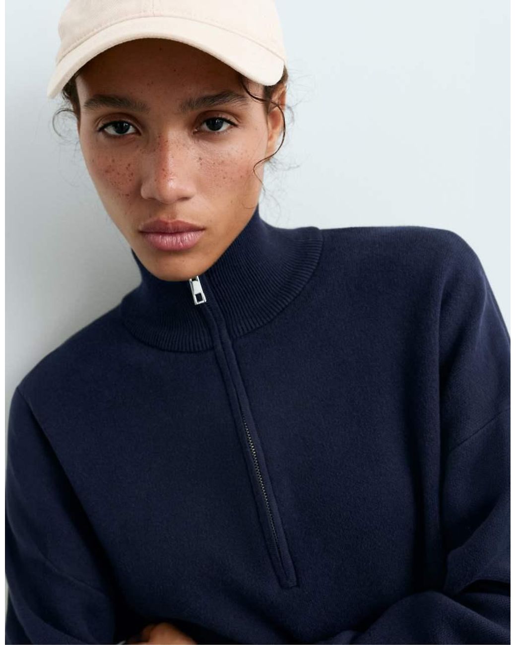 Oysho Blue Cotton-Blend Half-Zip Knit Jumper