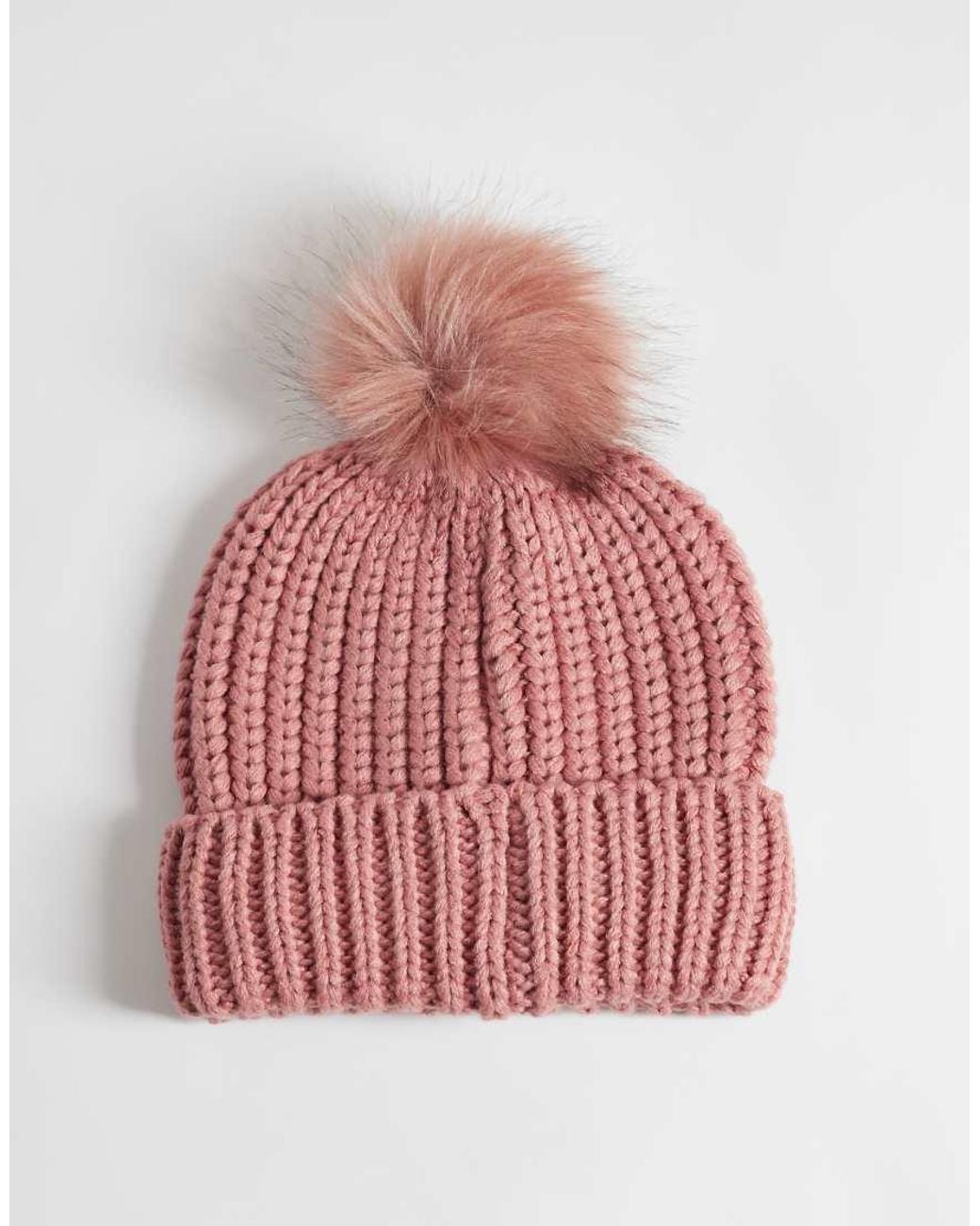 Barbour Red Saltburn Acrylic Knit Rib Pom Pom Beanie