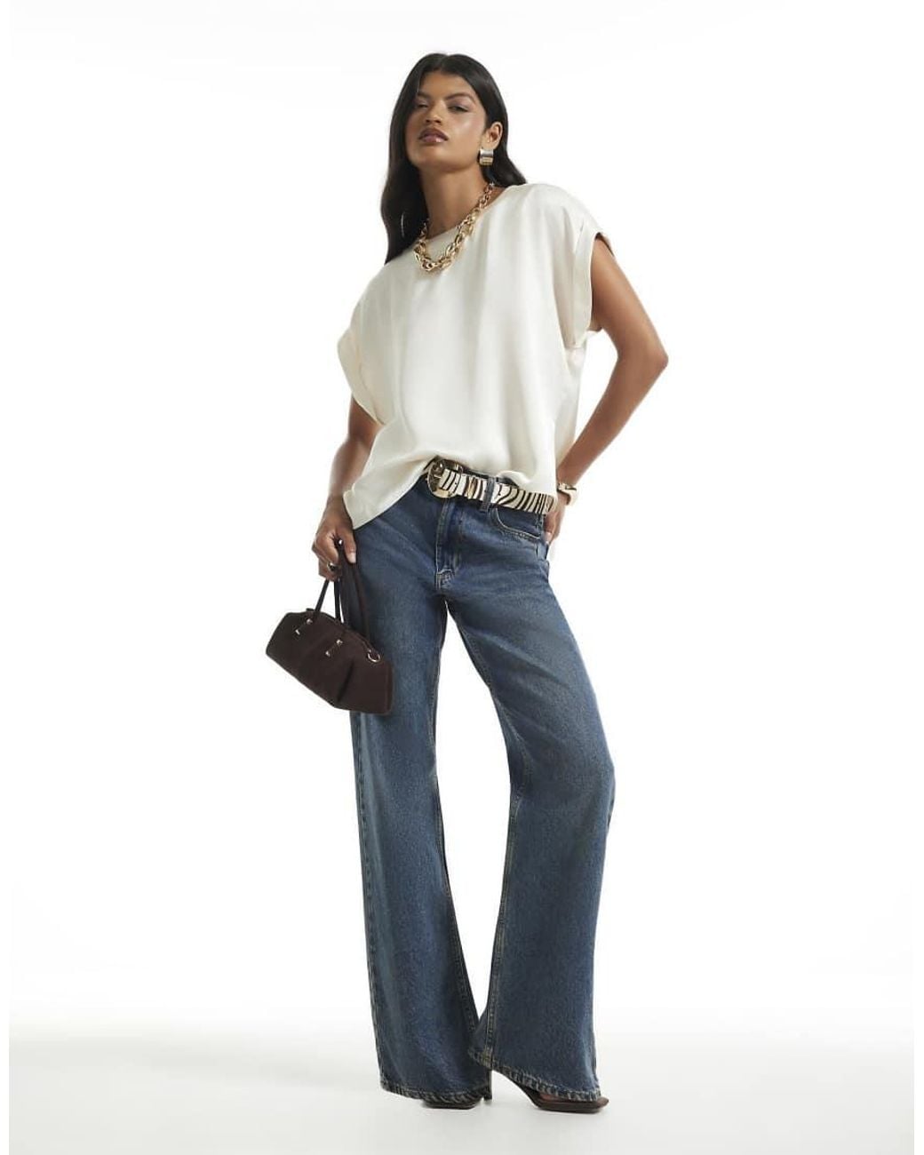 River Island Blue Satin Turn Back Cuff Blouse