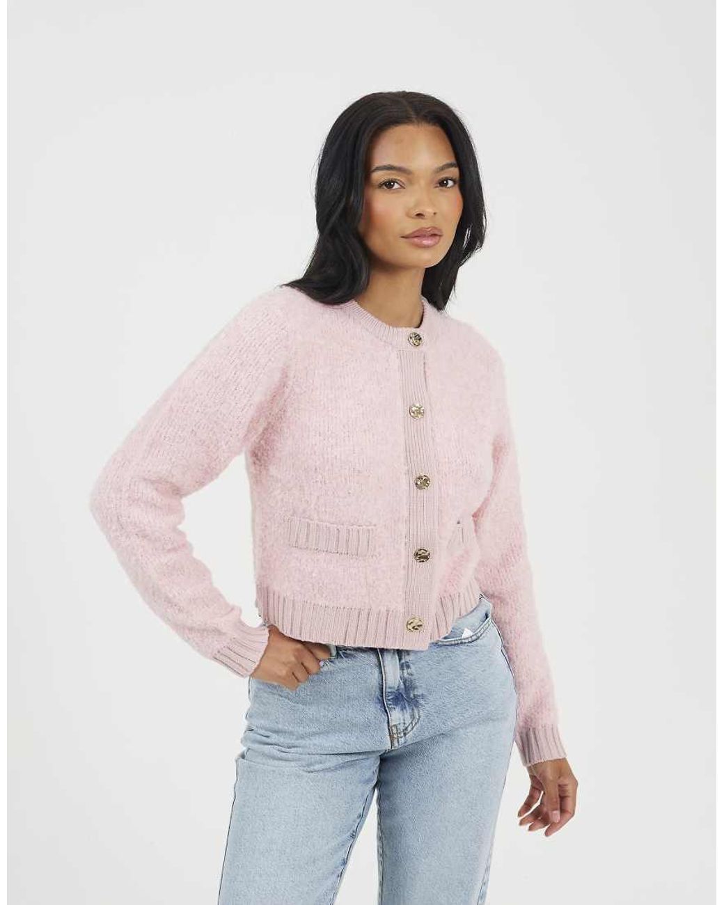 Brave Soul Pink Button Through Boucle Cardigan