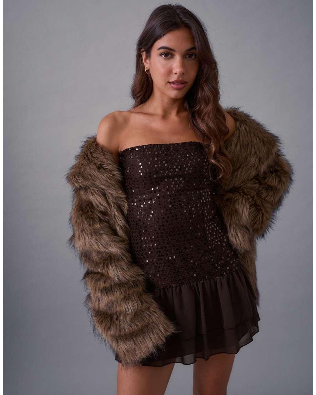 Motel Brown Tinosa Sequin Corset Ruffle Dress