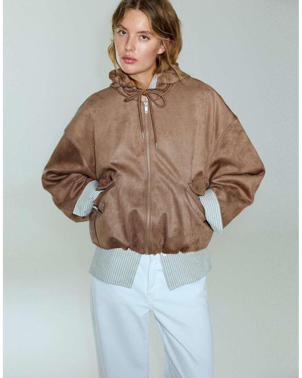 Pull&Bear Brown Faux Suede Hooded Bomber Jacket