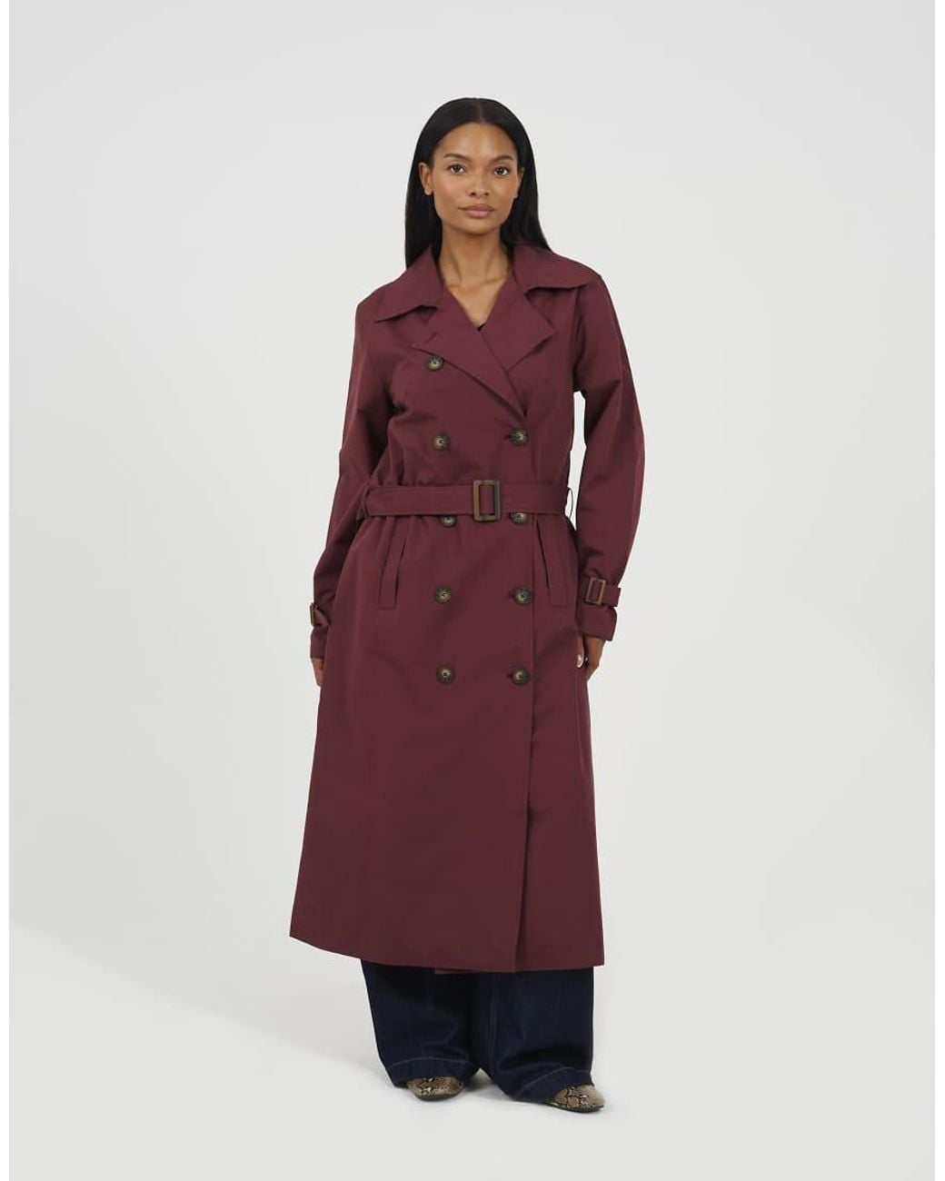 Brave Soul Red Double-Breasted Longline Trench Coat